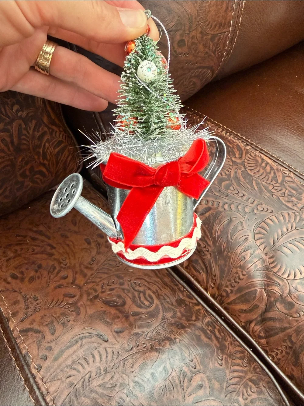 Cute watering can with Christmas tree Christmas ornament 6”